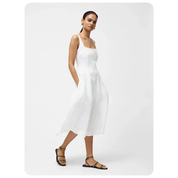 chinese dress ladies WHITE LINEN SQUARE-NECK FIT & FLARE DRESS